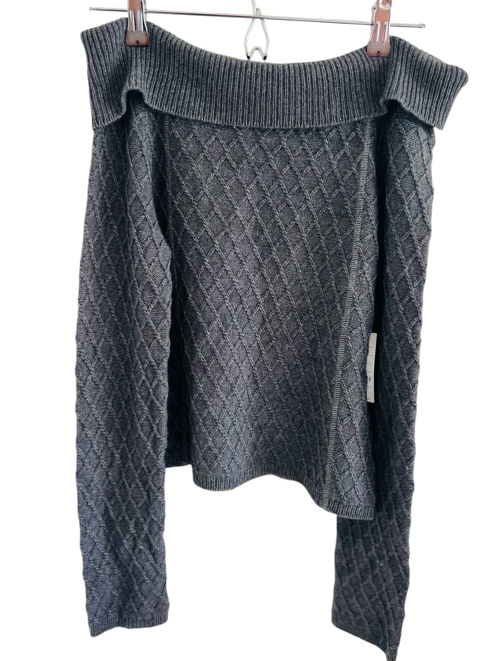 Off-Shoulder Diamond Knit Sweater - Charcoal